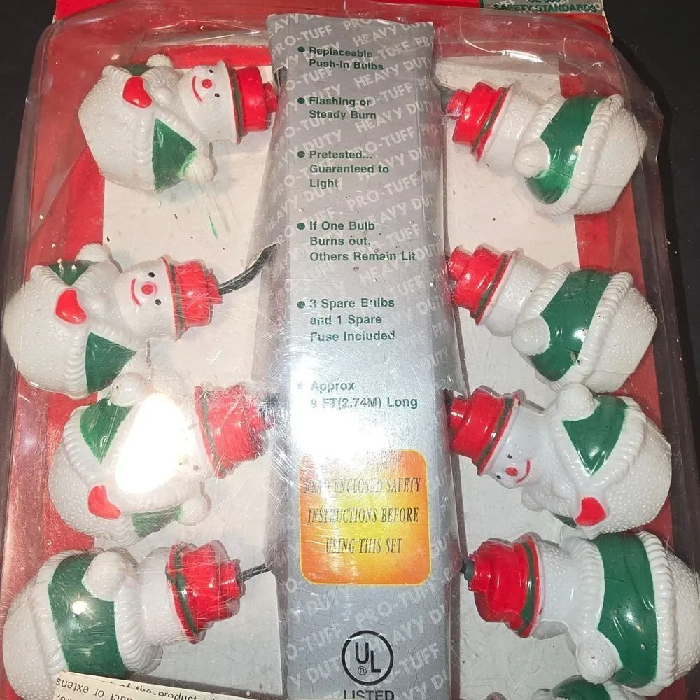 Vintage Deadstock New 10 Snowman Holiday Christmas String Light‎ Set 9 ft.